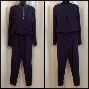 Zenana Jumpsuit Women’s Medium Button Up Elastic Waistband Cuffs Navy